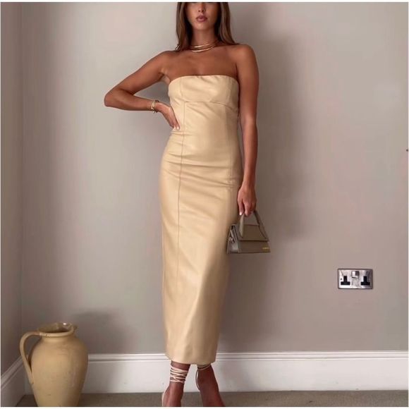 ZARA Tan Faux Leather Strapless Midi Dress S - Picture 14 of 14